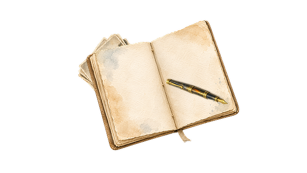 Watercolor illustration of an open travel notebook — a note from the studio