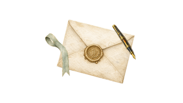 Editorial watercolor composition of a letter, fountain pen, and ribbon