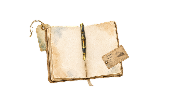 Travel journal, fountain pen, ticket, and luggage tag illustration